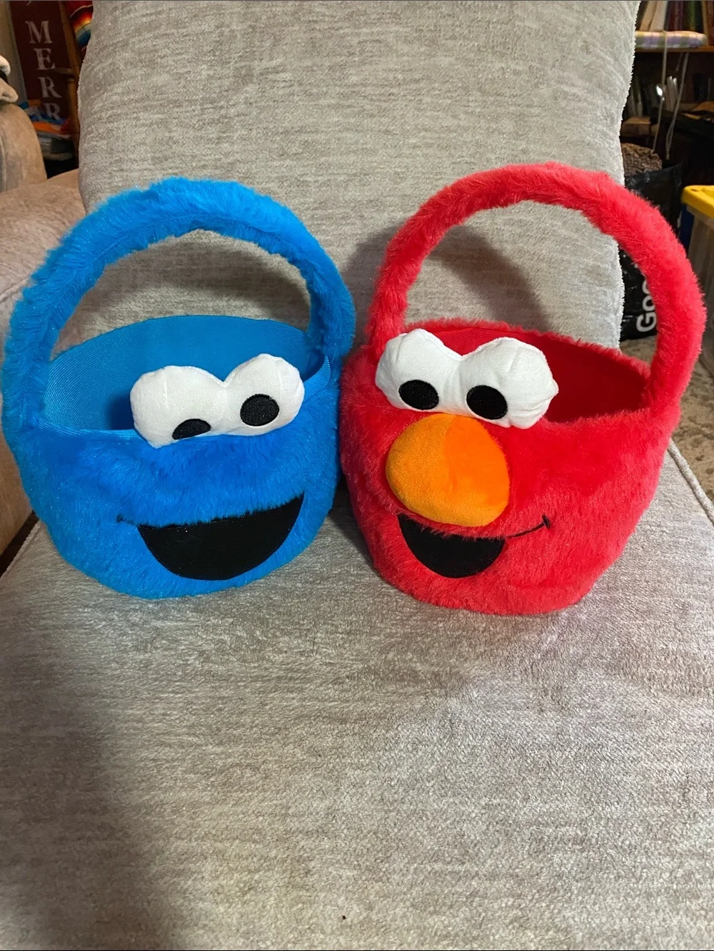 Plush Elmo & Cookie Monster Character Baskets - Blue and Red Easter,Halloweenetc